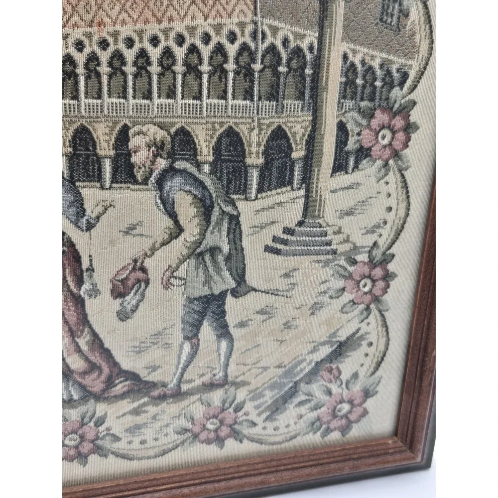 Italian Framed Tapestry Wall Hanging Venice Doge's‎ Palace Scene Floral Border